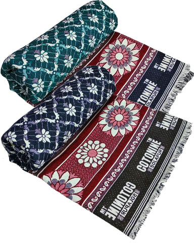 Cotonine, Cotton Single Size Solapur Chaddar Daily use Blanket, Blue & Green Pack of 2