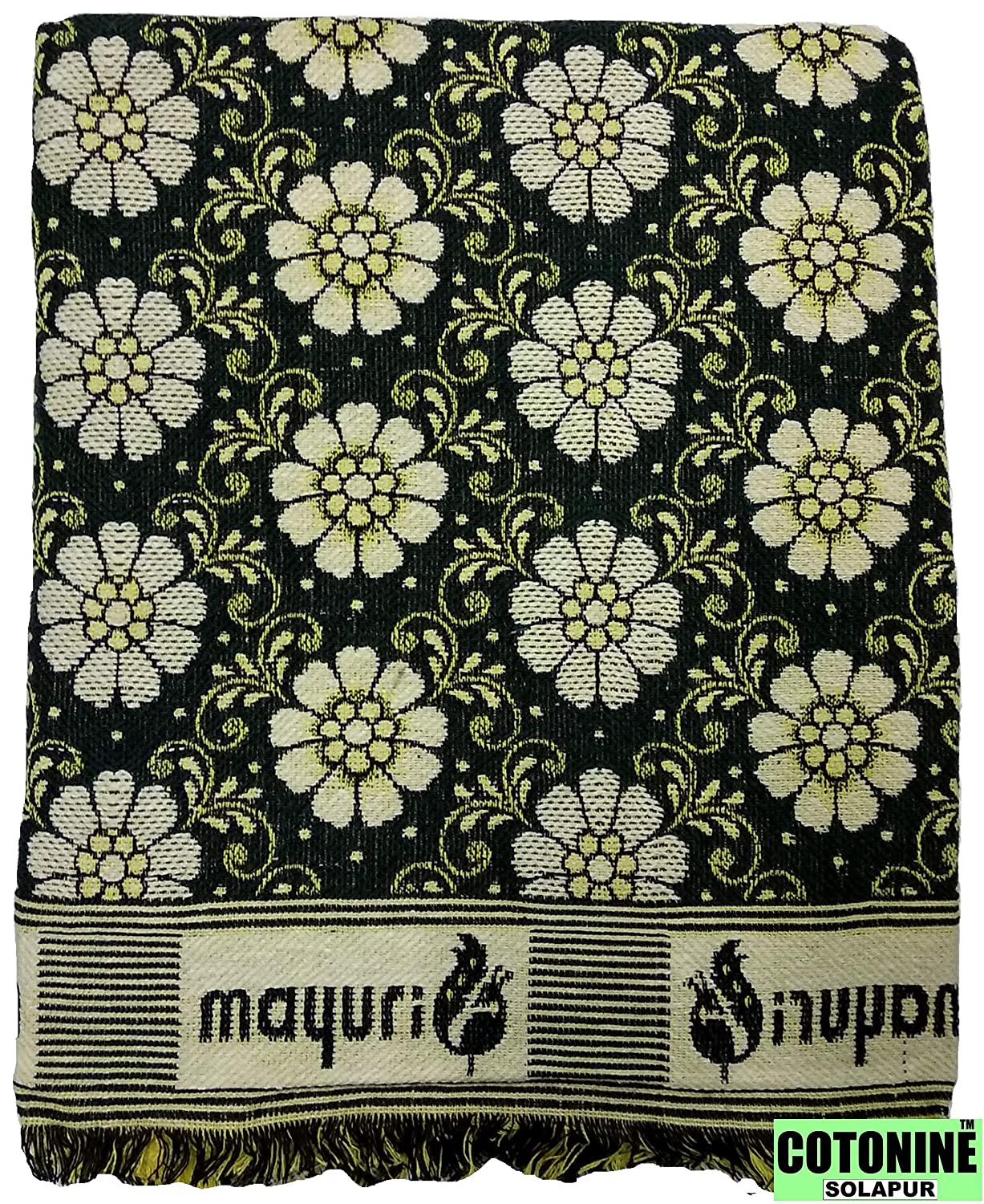 Solapuri Chadar / Single Size Cotton Blanket : Floral design Green color.