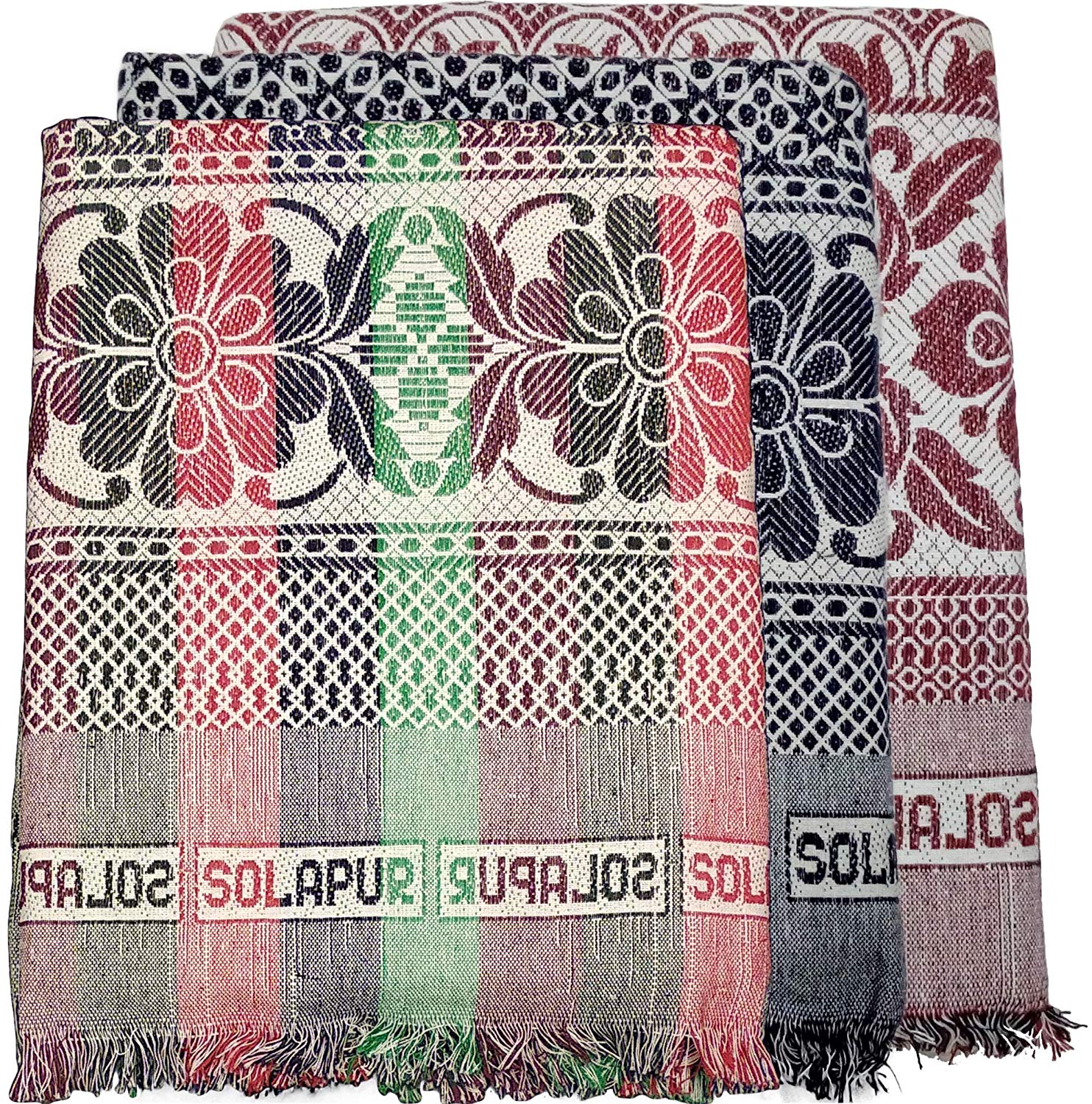 Solapuri Chadar / Single Size Cotton Blanket, Daily use : Multi color (Set of 3)