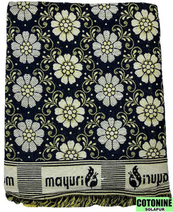 Solapuri Chadar / Single Size Cotton Blanket : Floral design Denim blue color.