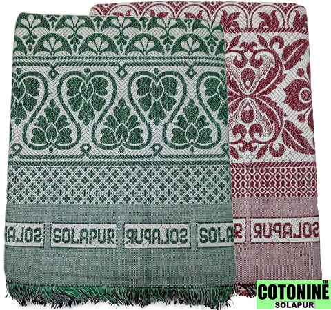 Solapuri Chadar / Single Size Cotton Blanket, Daily use : Green & Red (Set of 2)