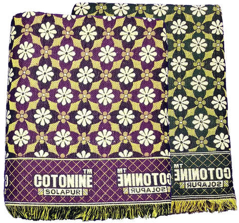 Solapuri Chadar / Single Size Cotton Blanket : Green and Purple, Small flower design Set of 2nos