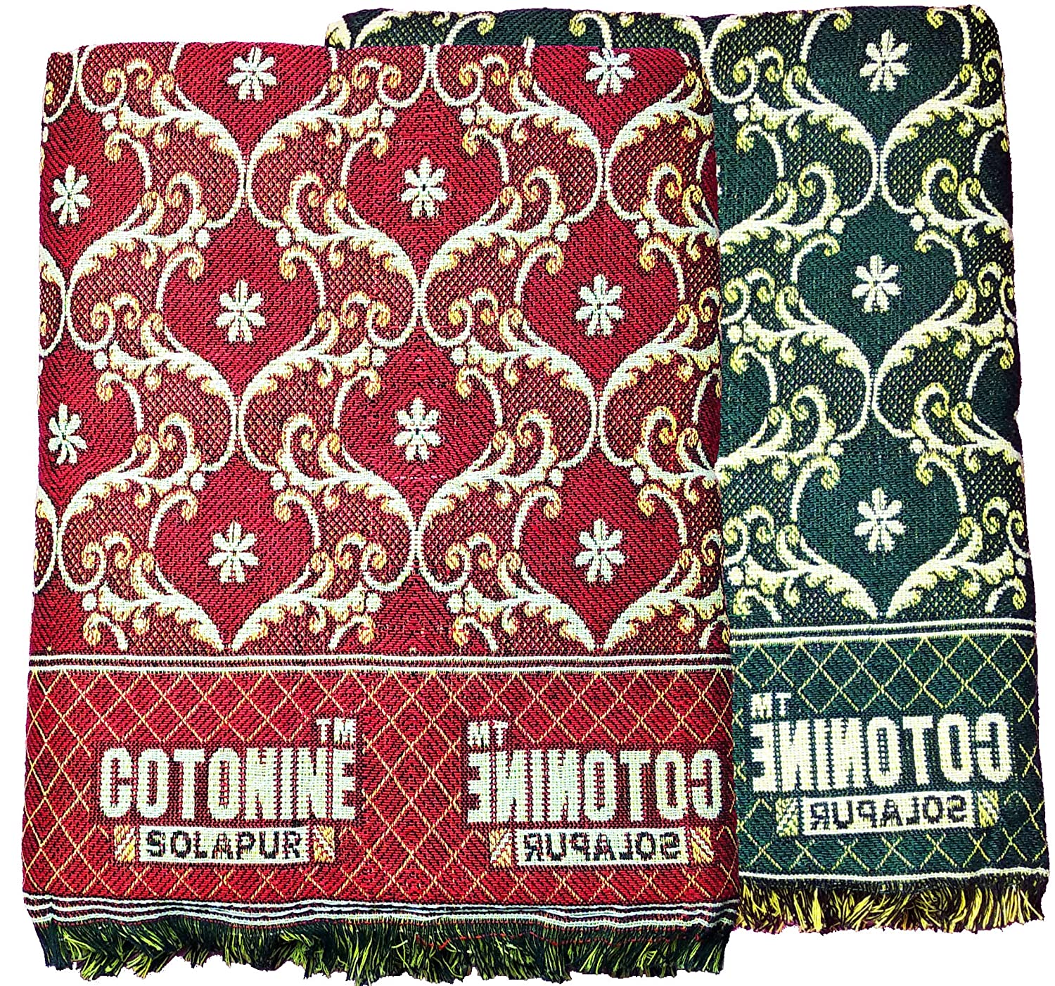 Solapuri Chadar / Single Size Cotton Blanket : Red and Greeen, Rangoli design Set of 2nos