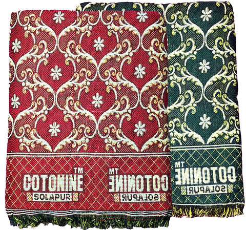 Solapuri Chadar / Single Size Cotton Blanket : Red and Greeen, Rangoli design Set of 2nos